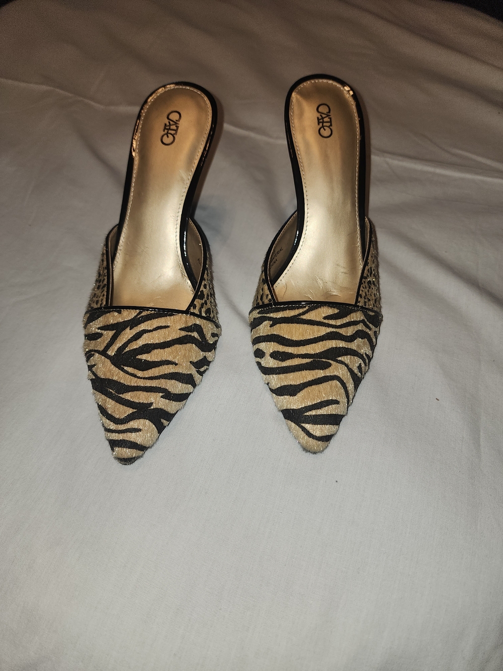 Cato Zebra-Print Pointed Toe Mule in Tan and Black